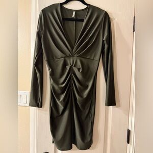 Dark Olive Green Shimmer Ruched Dress – Long Sleeve